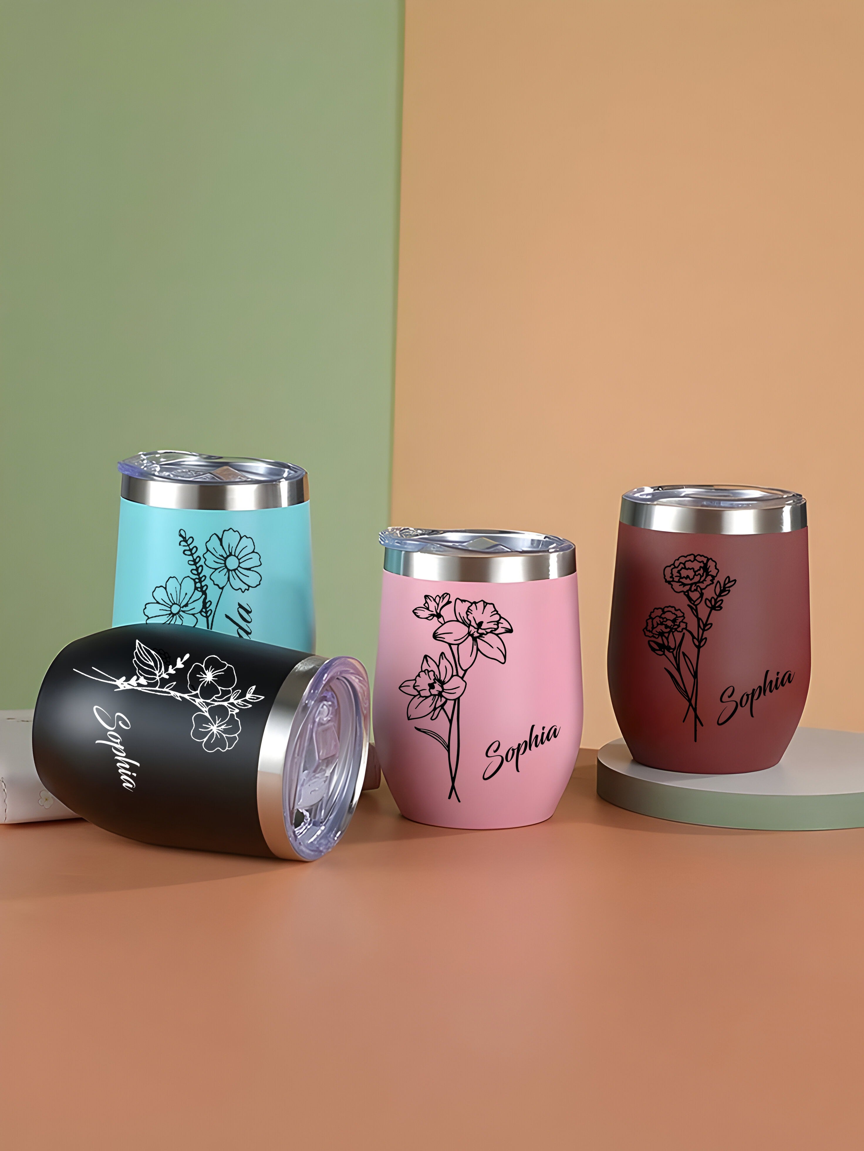 Personalized Birth Flowers 12oz Edged Wine Tumbler With Name, Custom Birth Month Flowers Cup, Birthday Gift