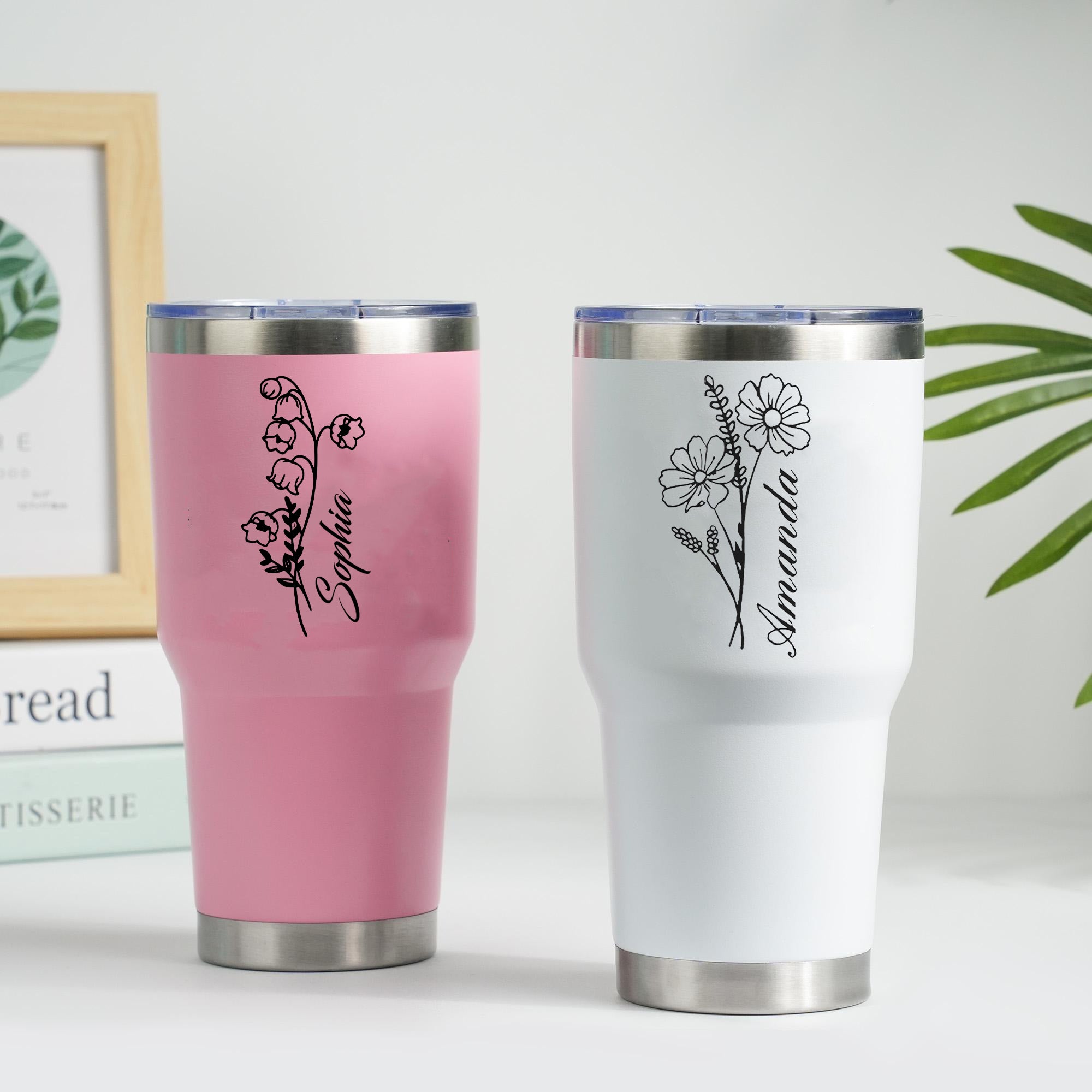 Personalized Birth Flowers 30oz Step Tumbler With Name, Stainless Steel Tumblers With Straw Handle, Custom Birth Month Flowers Cup, Birthday Gift