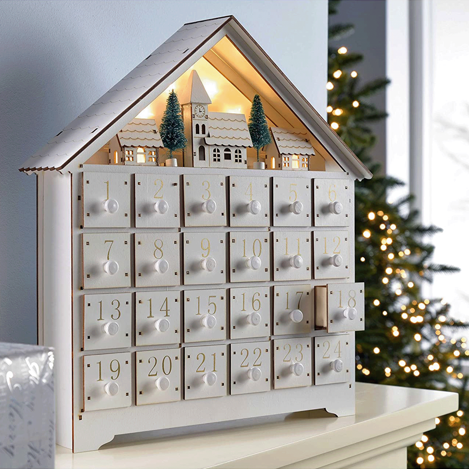 Lighted Wooden Christmas House Advent Calendar with 24 Drawers, Winter Village Holiday Countdown Decor – ACPETAL10