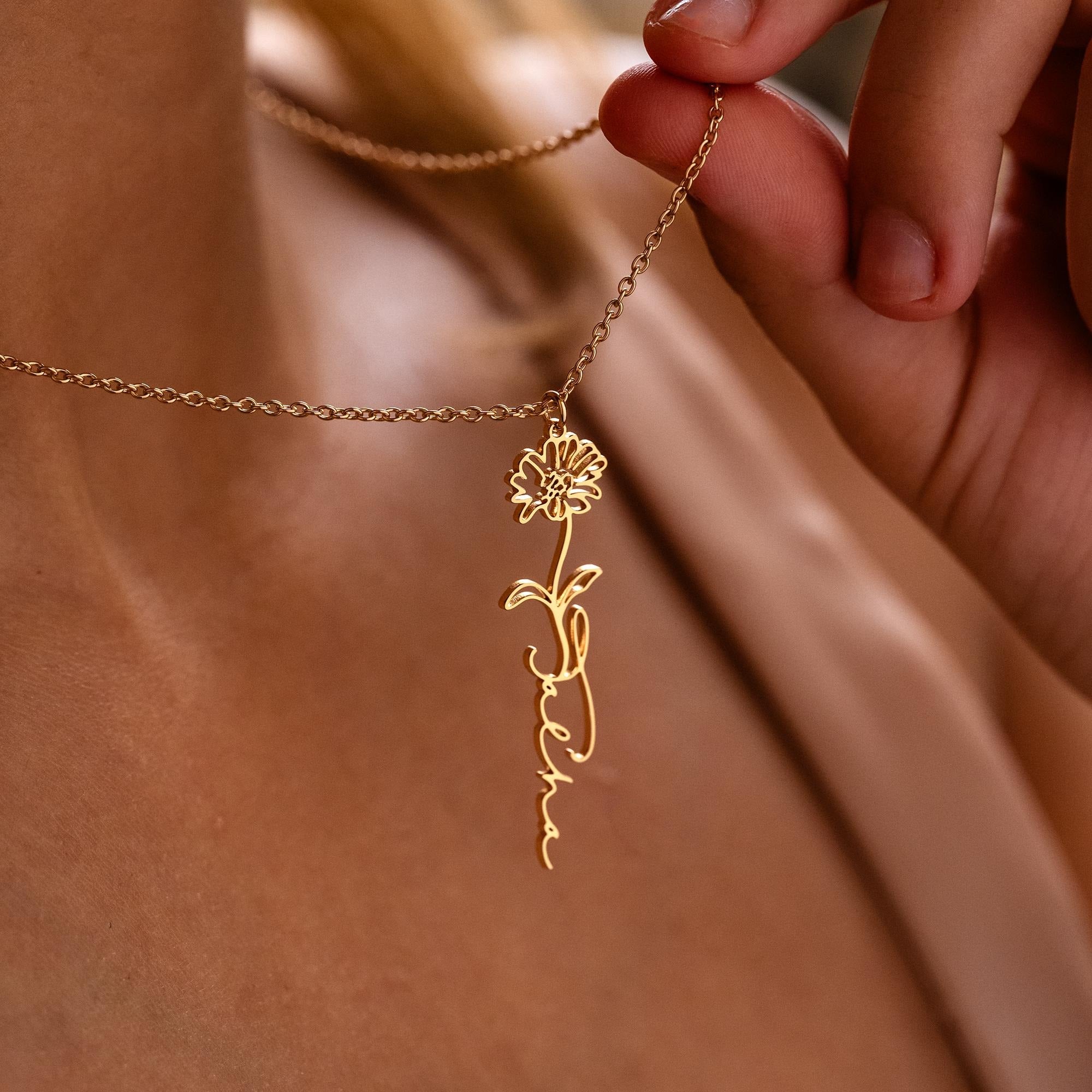 Personalized Birth Flower Name Necklace, Custom Gold Floral Name Necklace, Birth Flower Jewelry, Mother's Day Gifts, Christmas Gift for Her