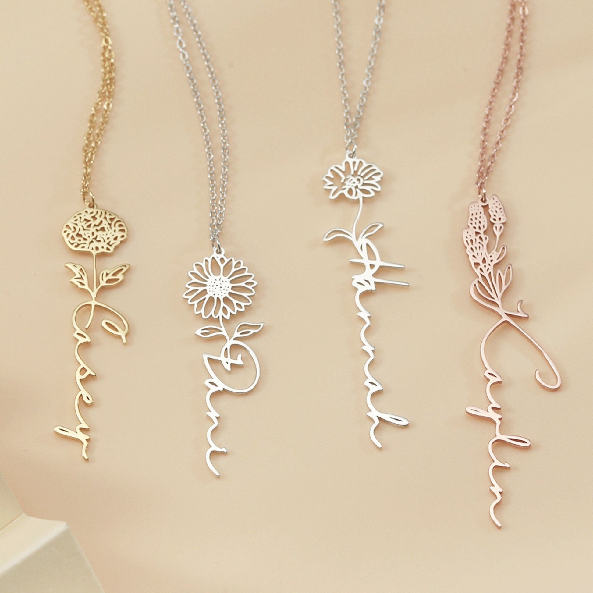 Personalized Birth Flower Name Necklace, Custom Gold Floral Name Necklace, Birth Flower Jewelry, Mother's Day Gifts, Christmas Gift for Her