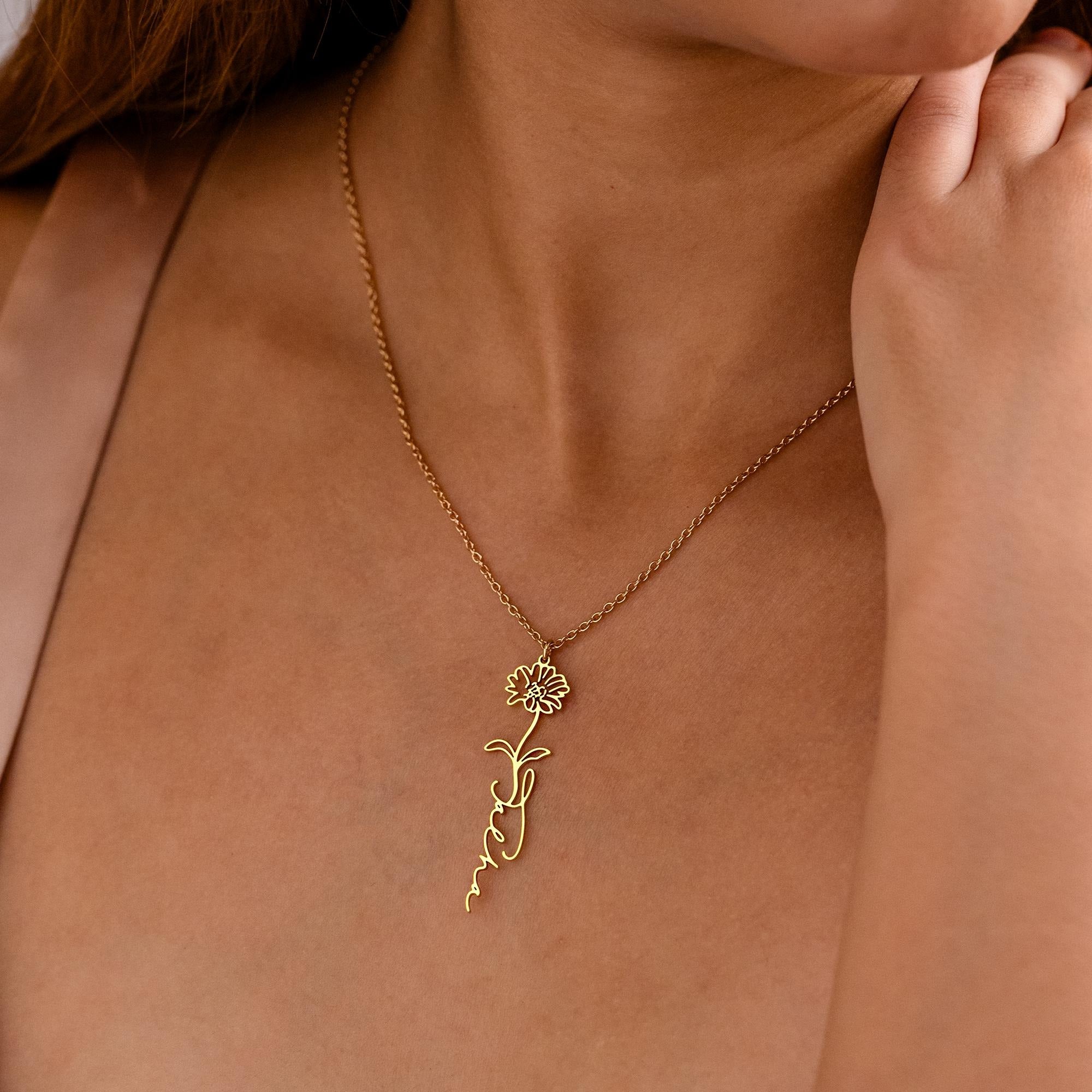 Personalized Birth Flower Name Necklace, Custom Gold Floral Name Necklace, Birth Flower Jewelry, Mother's Day Gifts, Christmas Gift for Her