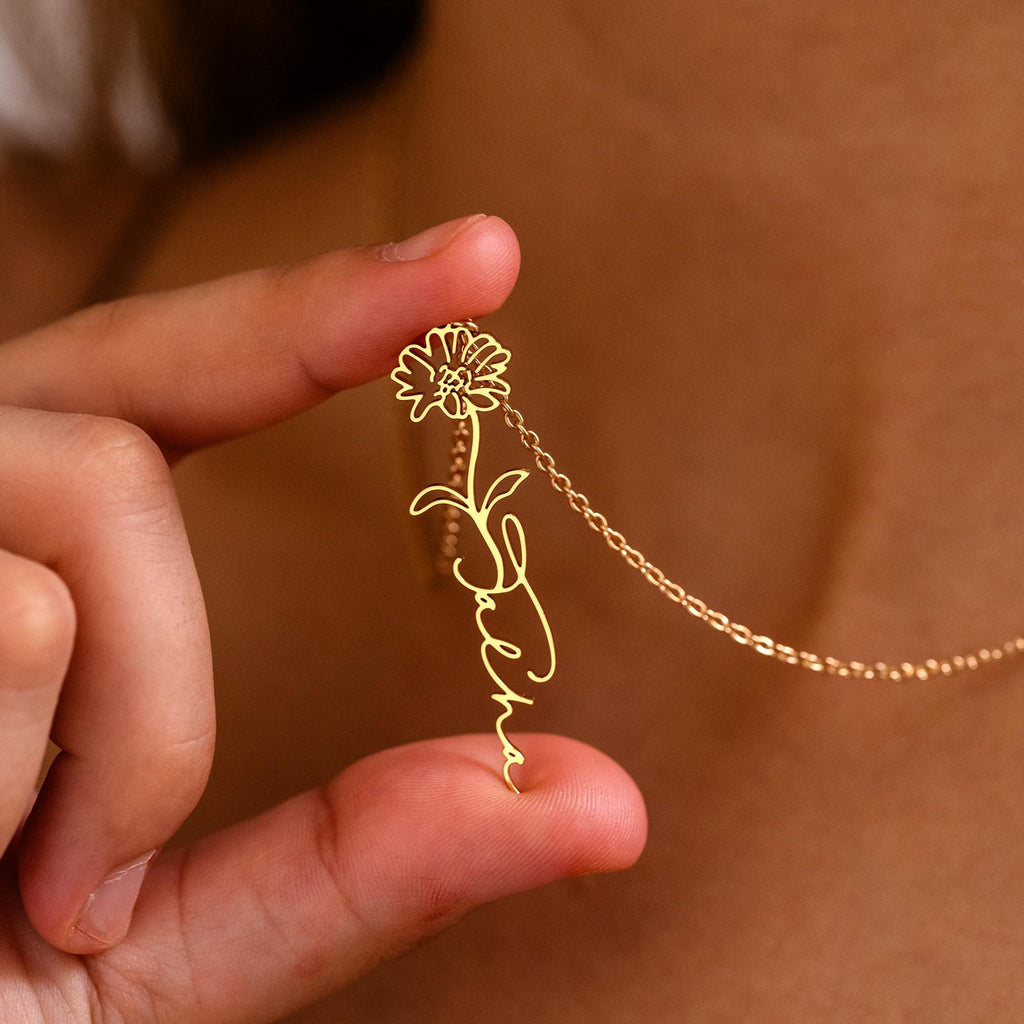 Personalized Birth Flower Name Necklace, Custom Gold Floral Name Necklace, Birth Flower Jewelry, Mother's Day Gifts, Christmas Gift for Her