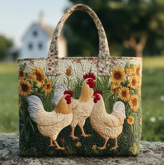 Chicken Farm Quilted Tote Bag – Rustic Hen Sunflower Shoulder Bag, Cottagecore Market Tote, Cute Farm Animal Gift for Women