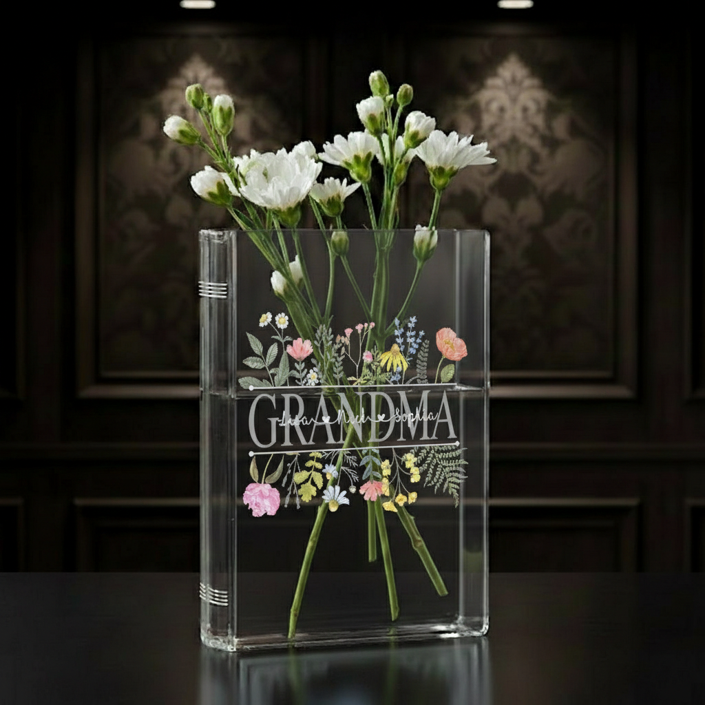 Personalized Grandma's Garden Book Vase – Custom Floral Design with Family Names, Perfect Gift for Grandma