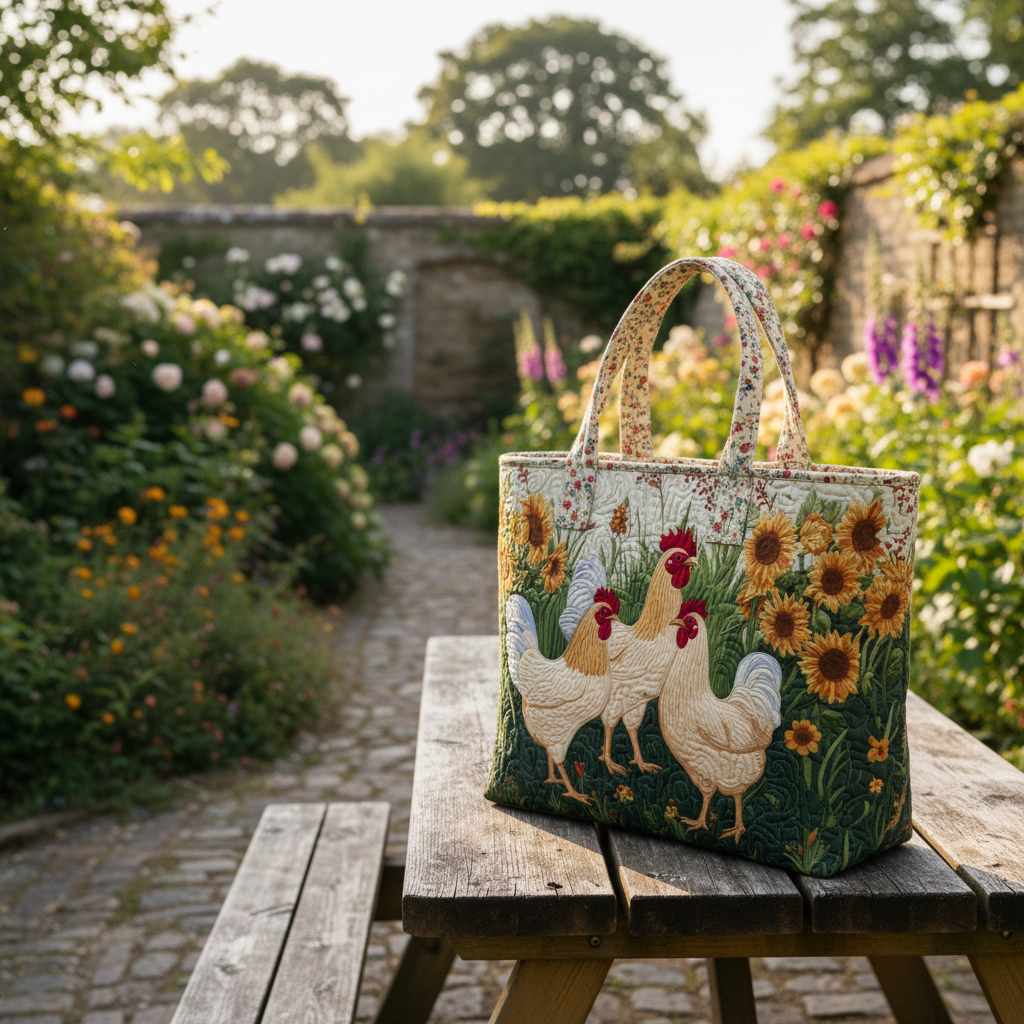 Chicken Farm Quilted Tote Bag – Rustic Hen Sunflower Shoulder Bag, Cottagecore Market Tote, Cute Farm Animal Gift for Women
