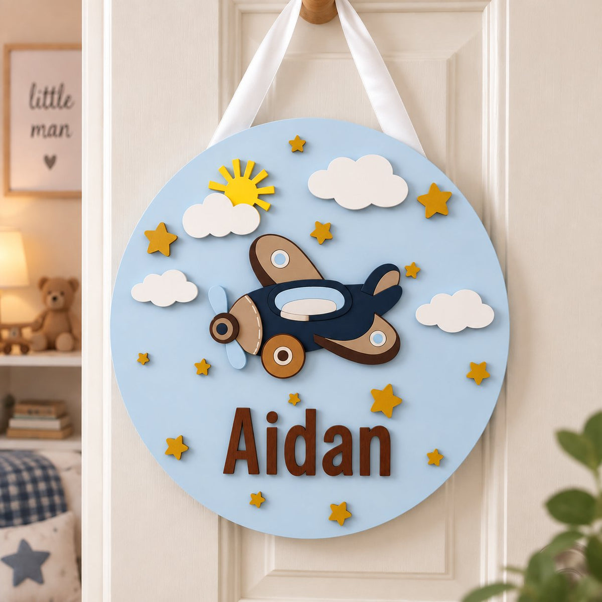 Personalized Airplane Wooden Sign, Custom Name Door Hanger, Aviation Nursery Decor, Baby Bedroom Wall Sign WOODKID09