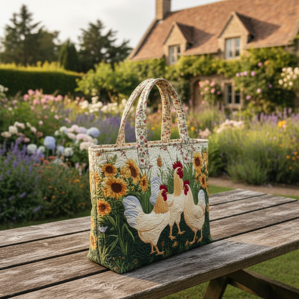 Chicken Farm Quilted Tote Bag – Rustic Hen Sunflower Shoulder Bag, Cottagecore Market Tote, Cute Farm Animal Gift for Women