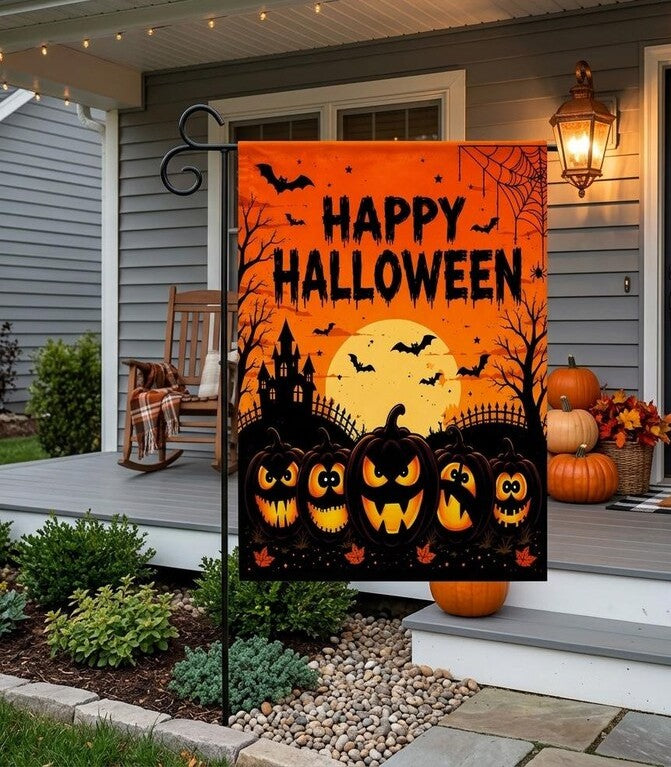 Happy Halloween Garden Flag, Spooky Pumpkin Yard Flag, Jack O Lantern Fall Porch Decor, Haunted House Outdoor Flag, Halloween Party Gift. HLWGFPETAL13