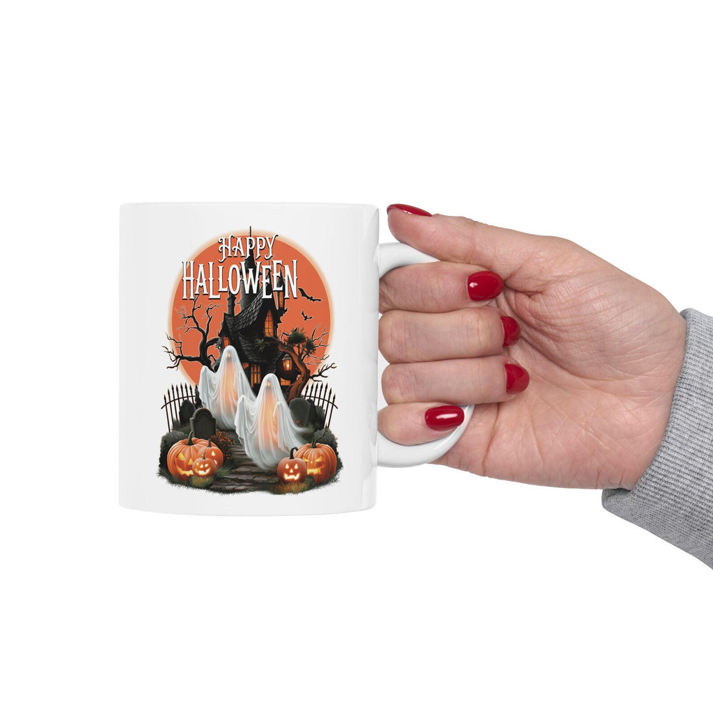 Happy Halloween Mug Spooky Ghosts Coffee Cup Gothic Haunted House Ceramic Mug Glowing Full Moon Autumn Fall Gift Holiday Keepsake Cup. MPETAL13