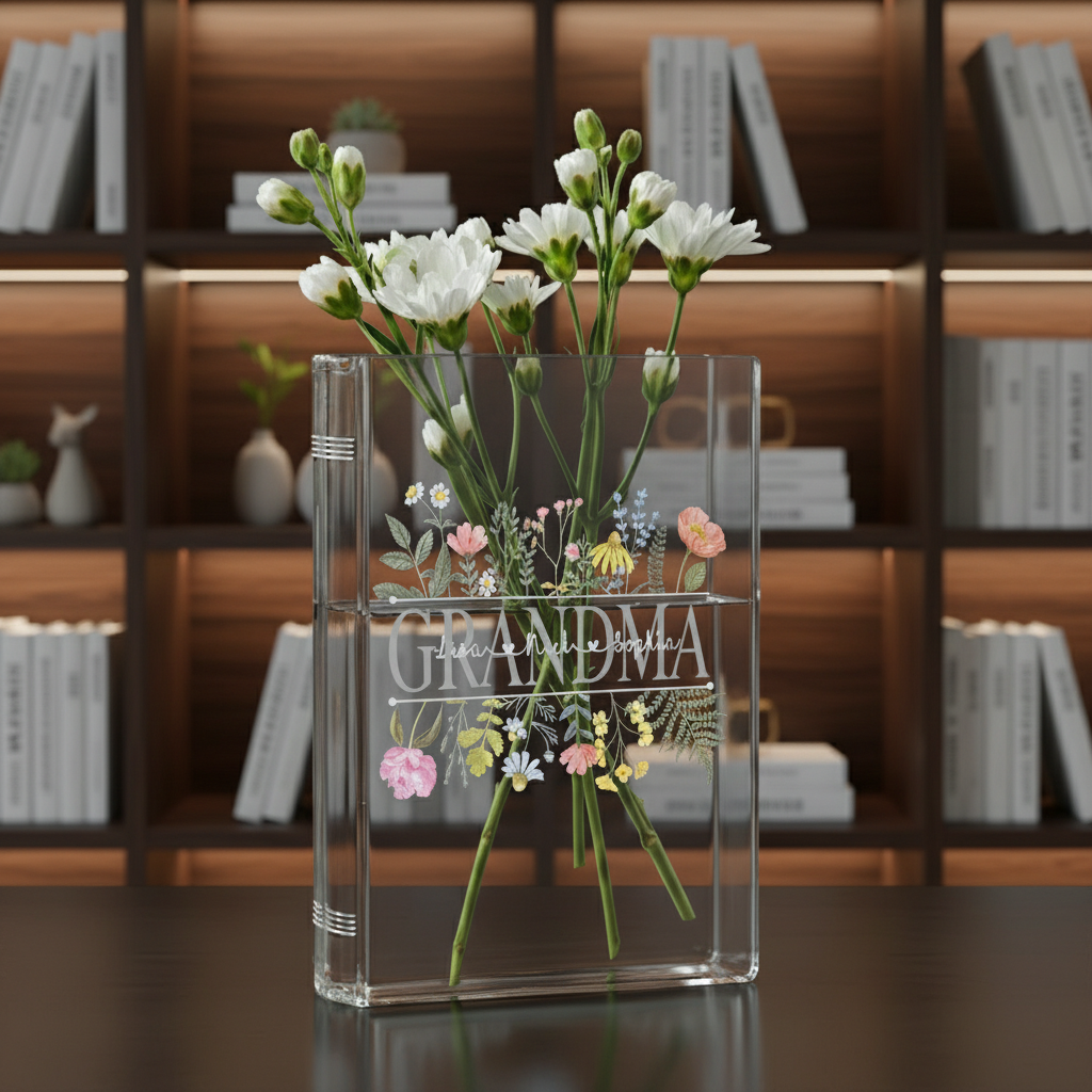 Personalized Grandma's Garden Book Vase – Custom Floral Design with Family Names, Perfect Gift for Grandma