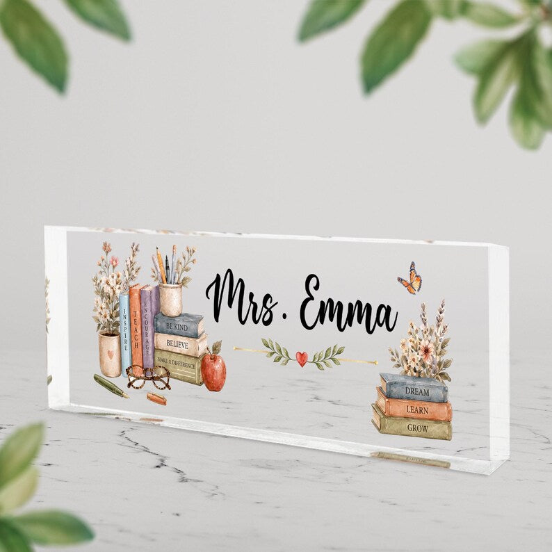 Personalized Teacher Appreciation Gift for Teacher Desk Nameplate, Custom Classroom Sign, Welcome Back to School Nurse Gifts Kindergarten. DNPETAL04