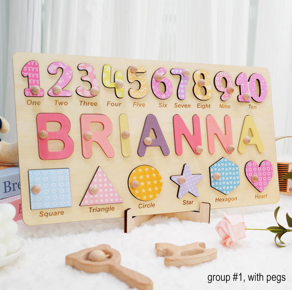 Personalized Wooden Name Puzzle Gift for Boys & Girls, Custom Baby Gifts Name Puzzle with Numbers, Geometry Shapes, Back Engraving. NPPETAL1