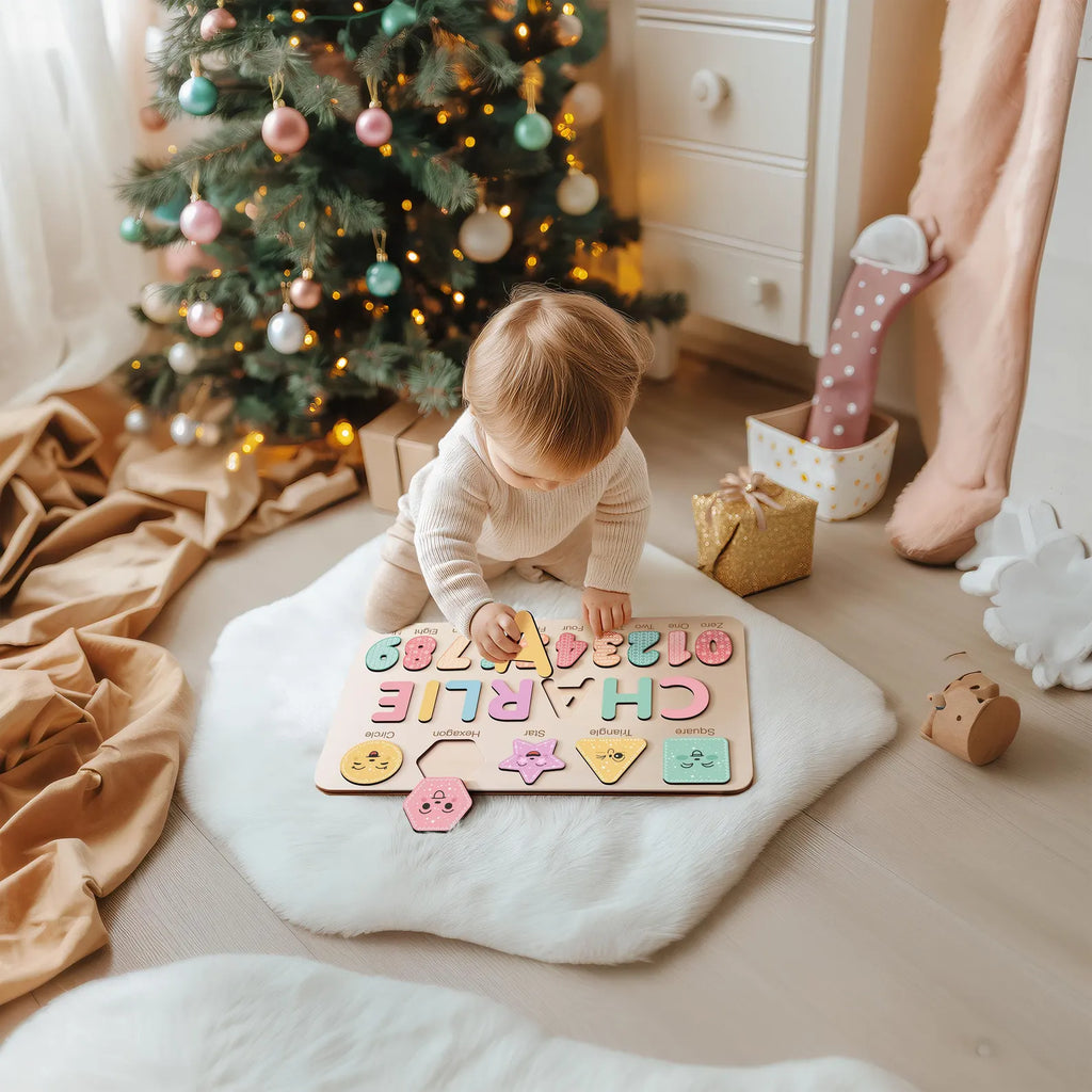 Wooden Busy Board Puzzle, Personalized Name Puzzle Toy, Baby Girl Gift, Nursery Decor, First Easter Gift, Custom Gift, One Year Old Gift. NPPETAL2