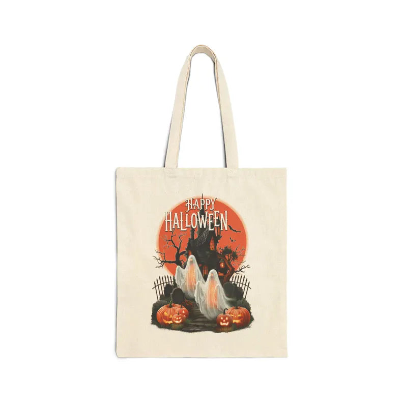 Happy Halloween Tote Bag, Haunted House Ghost Canvas Bag, Pumpkin Trick or Treat Bag, Spooky Season Halloween Gift Tote. HLWTBPETAL8