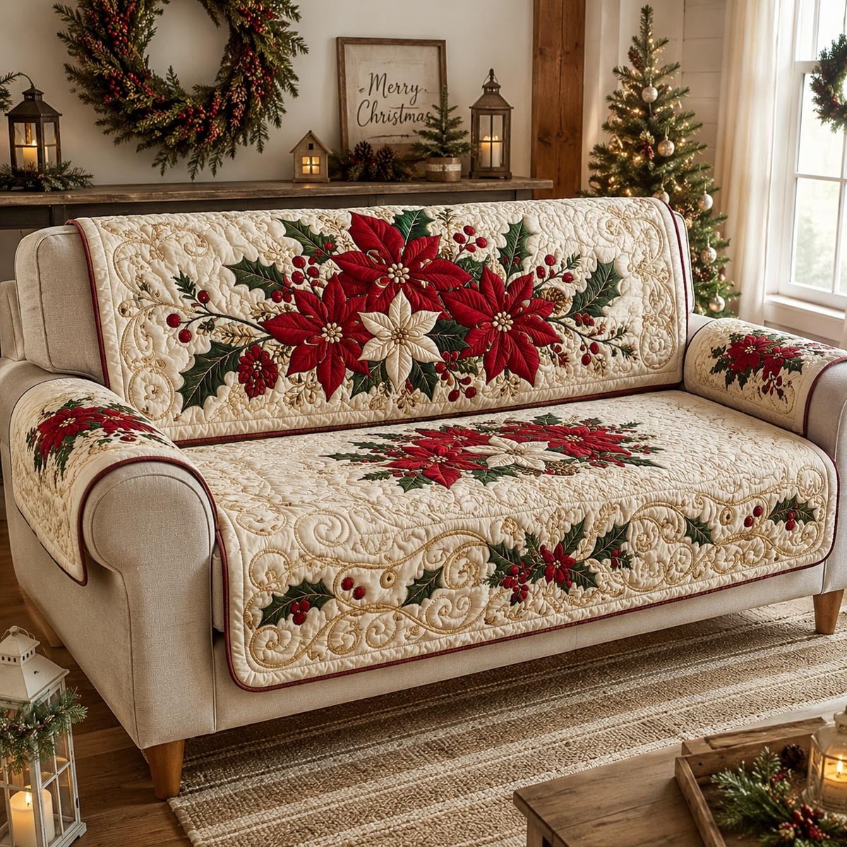 Personalized Chritsmas Flower Quilted Sofa Cover, Floral Sofa Cover, Patchwork Couch Throw, Sofa Protector, Holiday Sofa Decor QUILTSOFA08