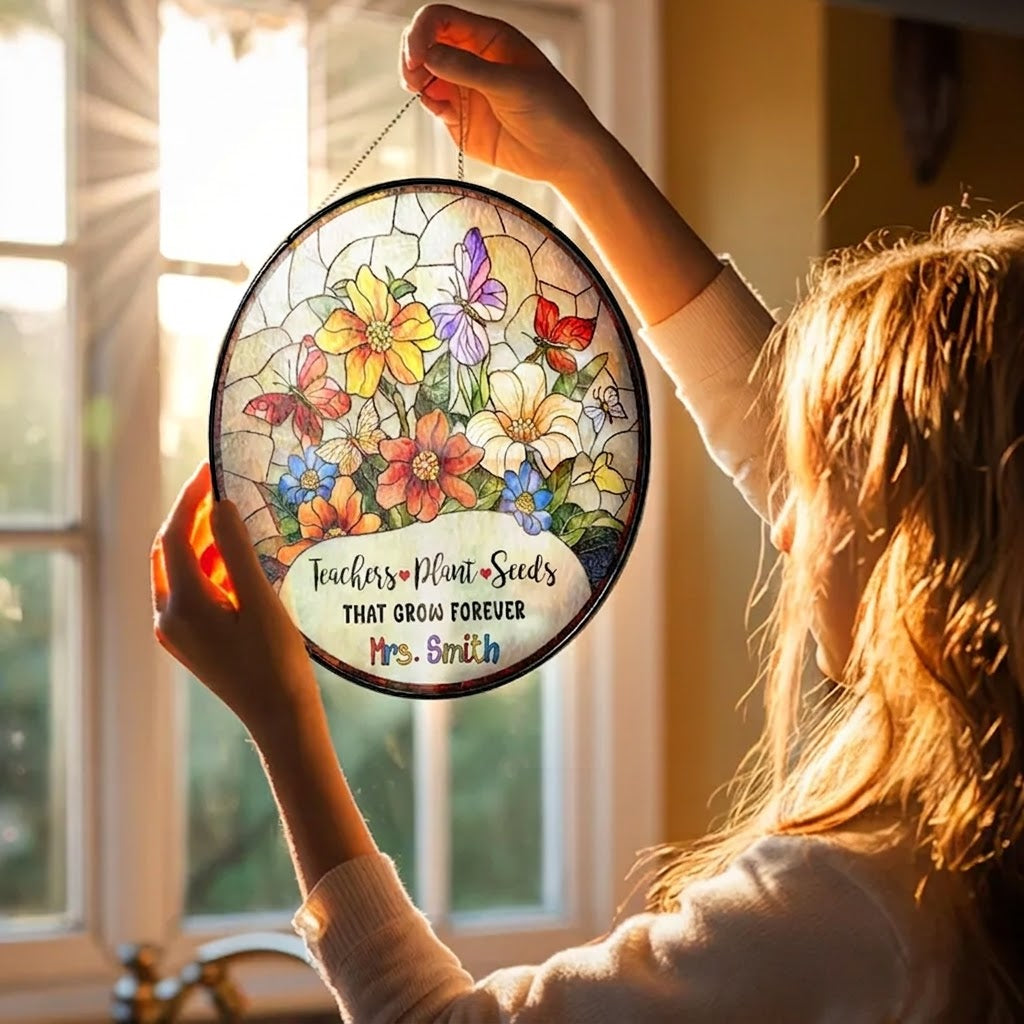 Personalized Teacher Stained Glass Suncatcher, Teacher Appreciation Gift, Back To School Gift, Teacher Gift, Windown Hanging Classroom Decor. SUNPETAL19
