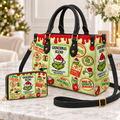 Funny Grinch Blend Pattern Leather Handbag, Grinch Christmas Leather Tote Bag, Grinch Wallet Purse, Christmas Bag Gift GBAG10