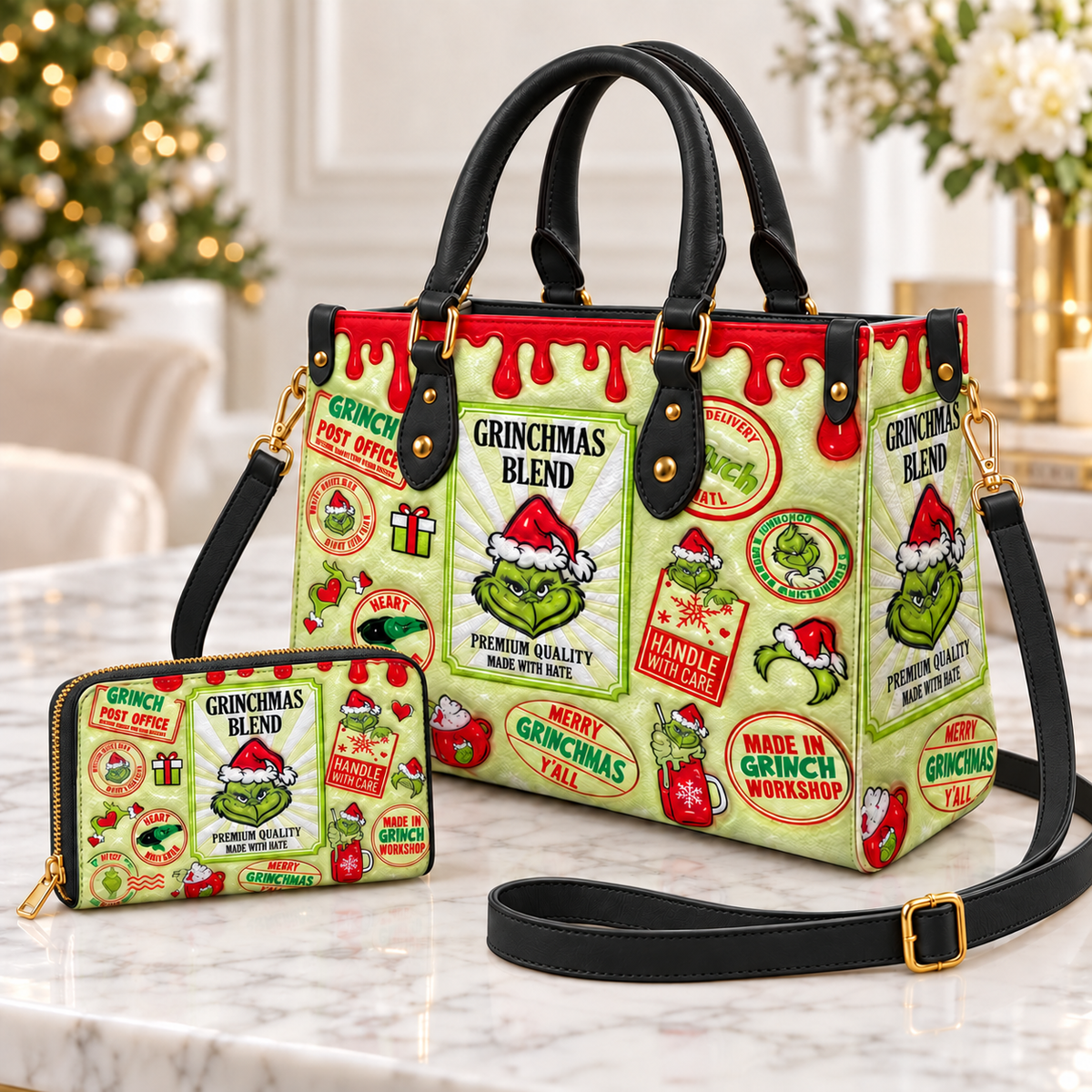 Funny Grinch Blend Pattern Leather Handbag, Grinch Christmas Leather Tote Bag, Grinch Wallet Purse, Christmas Bag Gift GBAG10