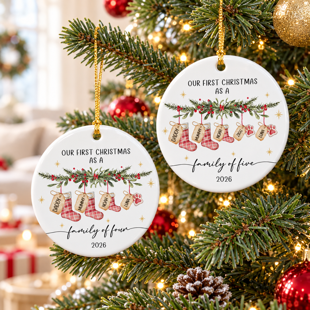 First Christmas As Family Of Four, Watercolor Stockings, Circle Ceramic Ornament, Holiday Keepsake CERAMIC09