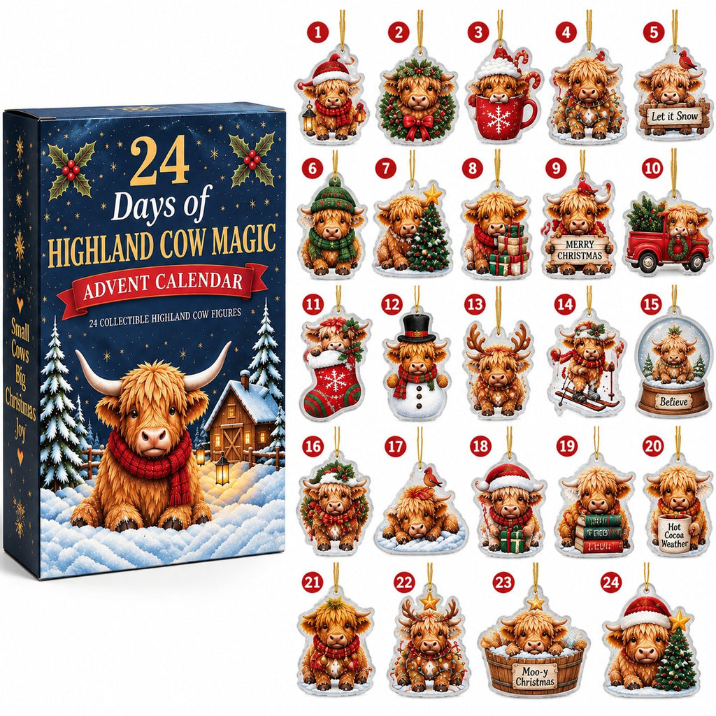 Highland Cow Advent Calendar 2026, 24 Highland Cow Christmas Ornaments, Cute Farm Animal Countdown Calendar Gift for Kids & Cow Lovers AXMAS10