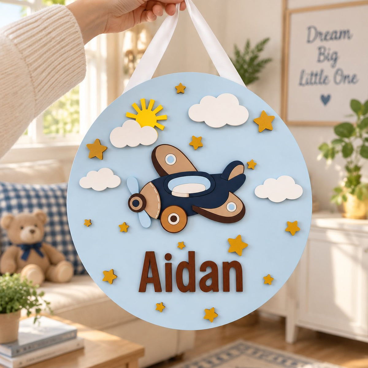 Personalized Airplane Wooden Sign, Custom Name Door Hanger, Aviation Nursery Decor, Baby Bedroom Wall Sign WOODKID09