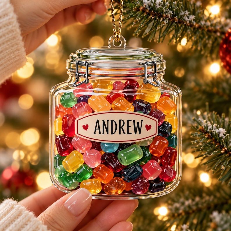Personalized Candy Jar Acrylic Ornament, Custom Colorful Gummy Glass Jar, Keepsake Christmas Tree Decor ACRYLICOR10