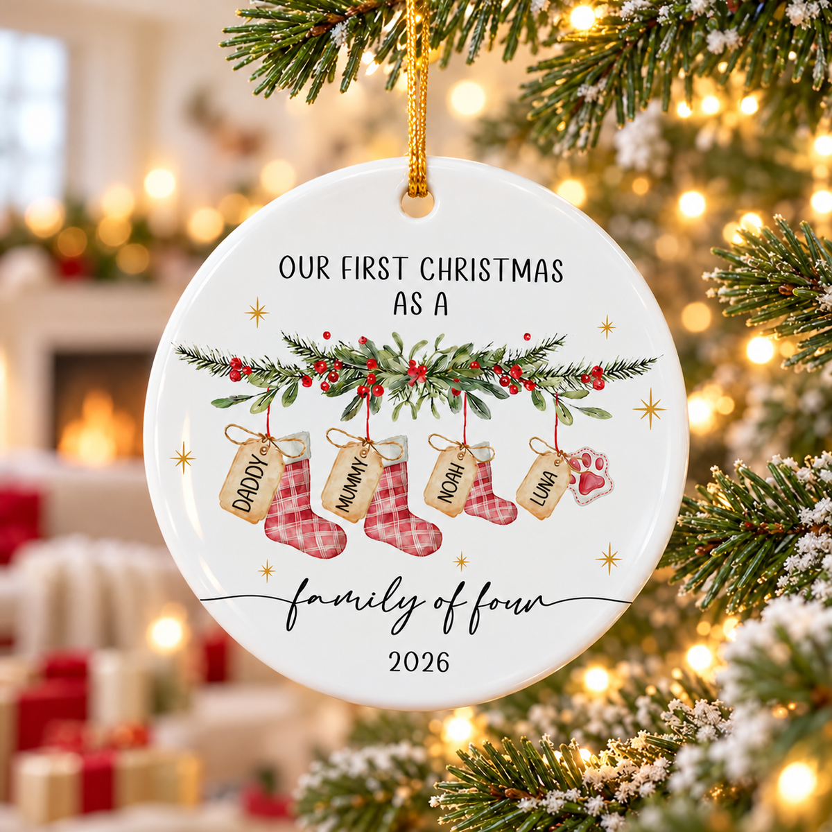 First Christmas As Family Of Four, Watercolor Stockings, Circle Ceramic Ornament, Holiday Keepsake CERAMIC09