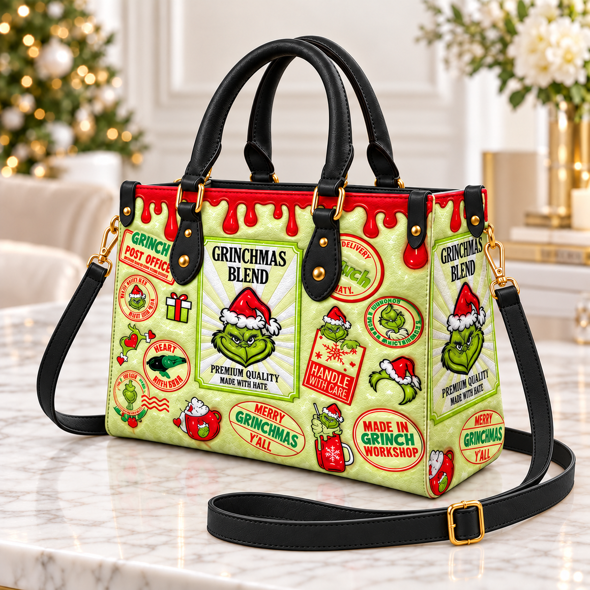 Funny Grinch Blend Pattern Leather Handbag, Grinch Christmas Leather Tote Bag, Grinch Wallet Purse, Christmas Bag Gift GBAG10