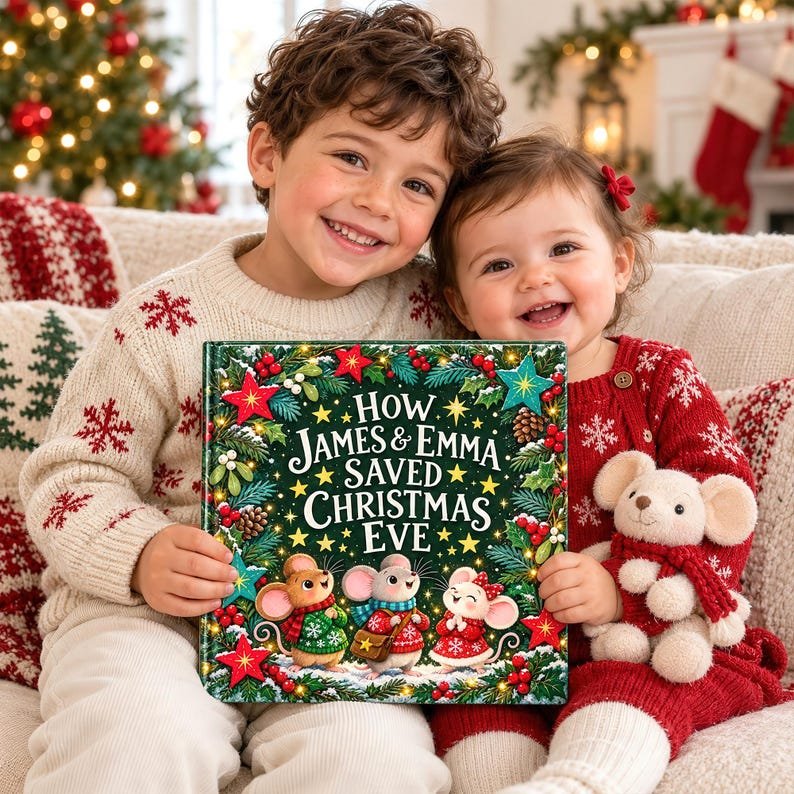 Personalized Christmas Eve Storybook, Custom Names Holiday Adventure Book for Kids, Sibling Christmas Gift, Festive Mouse Story Keepsake PBOOK10