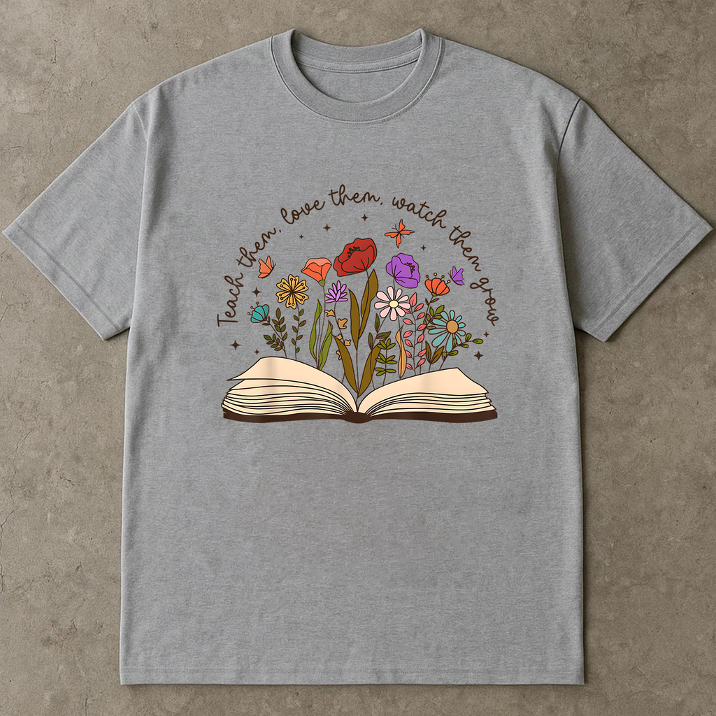 Teacher Flower Book Shirt, Teach Love Grow T-Shirt, Reading Teacher Gift, Floral Book Lover Graphic Tee, Cute Botanical Shirt