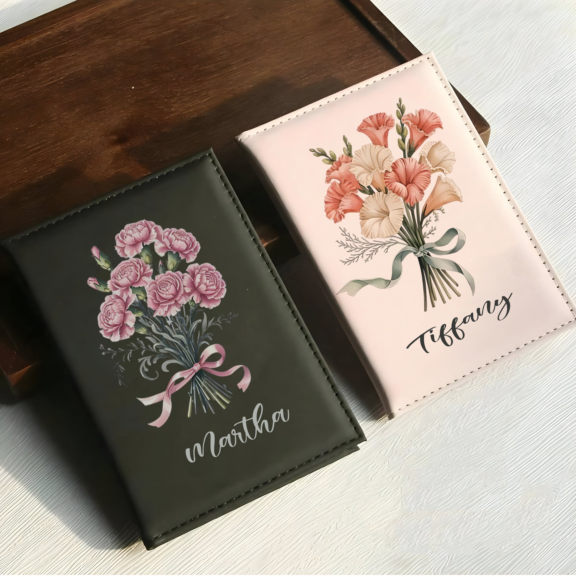 Personalized Birth Flower Leather Passport Cover, Custom Name Engraved Passport Holder, Floral Travel Wallet Gift for Women Travelers