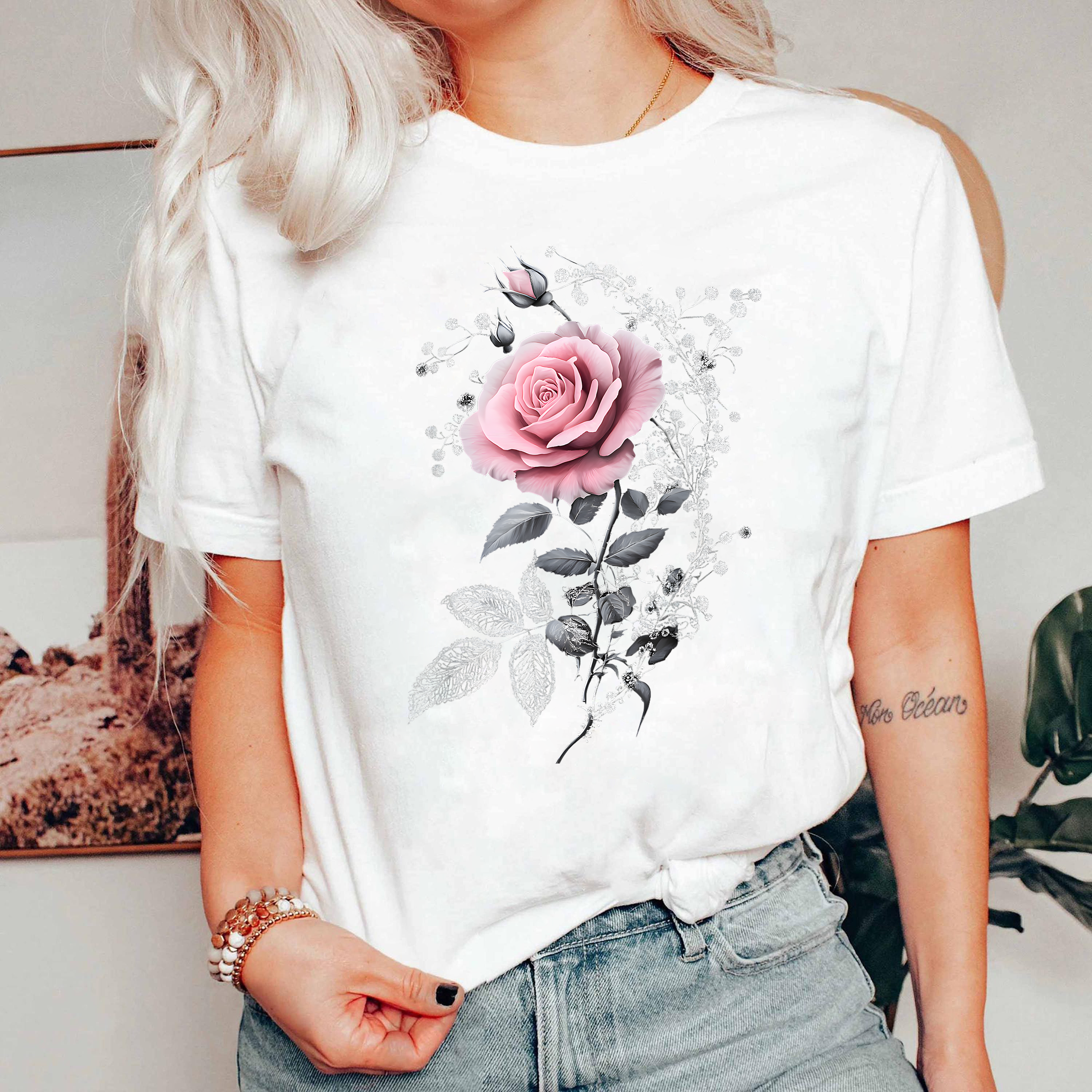 Pink Rose Shirt, Romantic Floral Tee, Rose Aesthetic T-Shirt, Elegant Flower Shirt, Gothic Cottagecore Top, Gift for Women