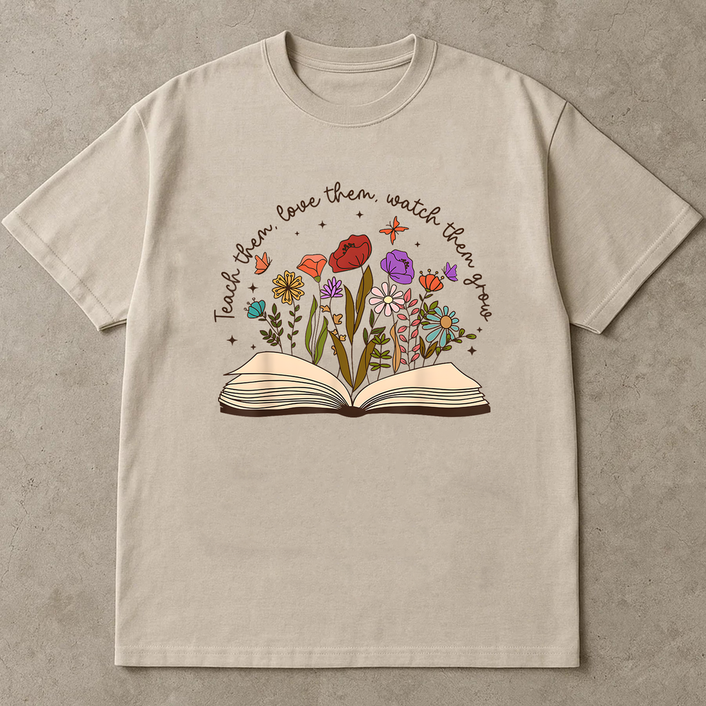 Teacher Flower Book Shirt, Teach Love Grow T-Shirt, Reading Teacher Gift, Floral Book Lover Graphic Tee, Cute Botanical Shirt