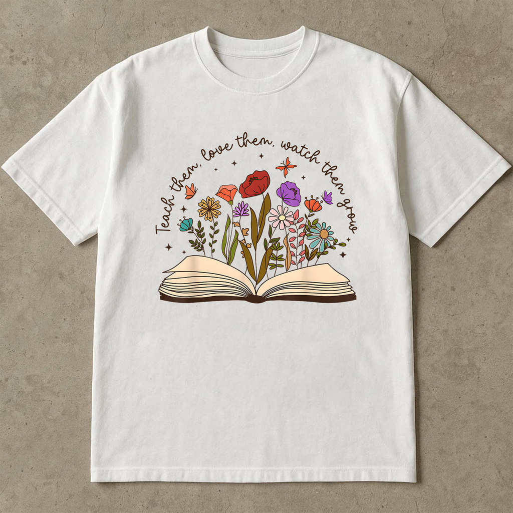 Teacher Flower Book Shirt, Teach Love Grow T-Shirt, Reading Teacher Gift, Floral Book Lover Graphic Tee, Cute Botanical Shirt