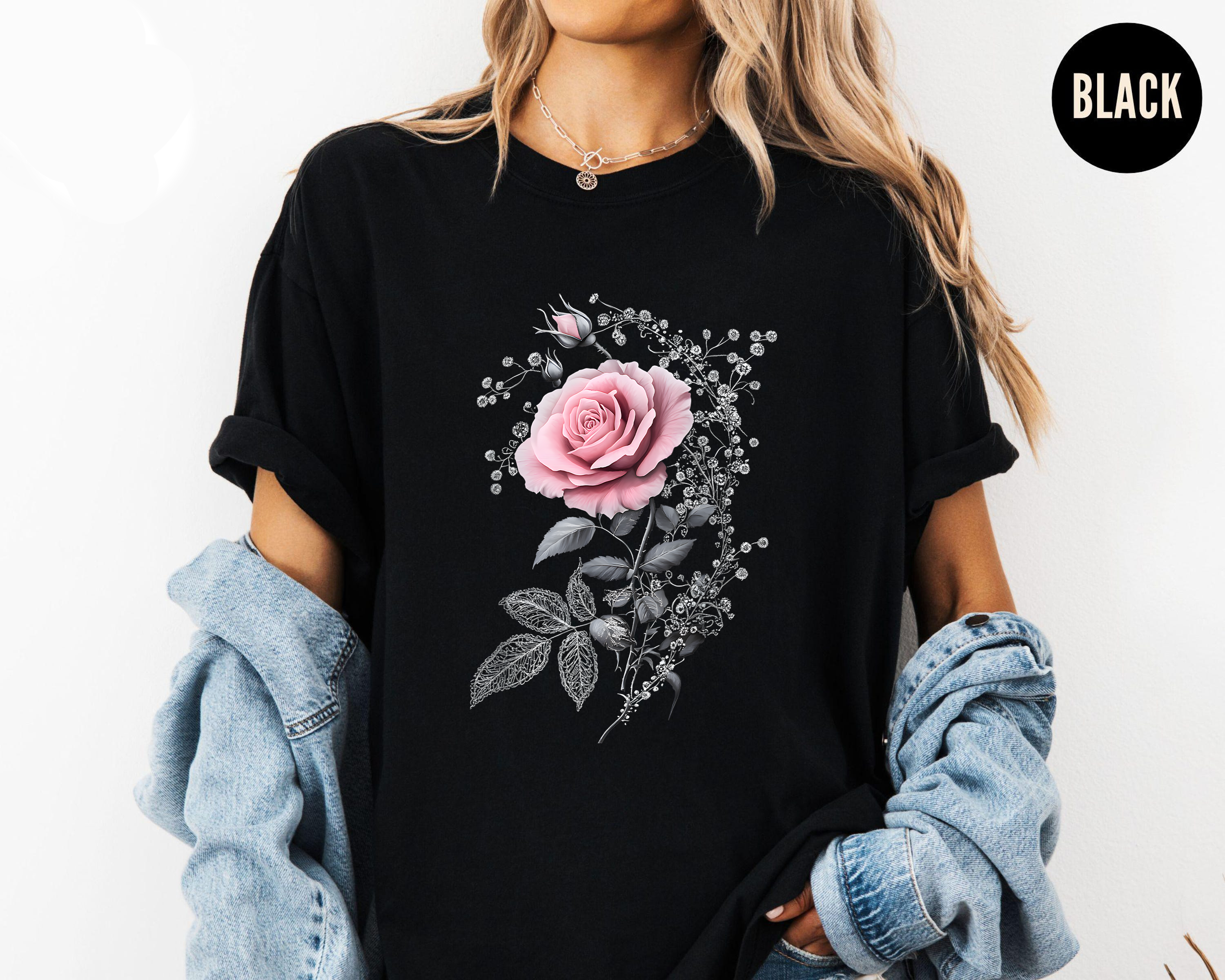 Pink Rose Shirt, Romantic Floral Tee, Rose Aesthetic T-Shirt, Elegant Flower Shirt, Gothic Cottagecore Top, Gift for Women