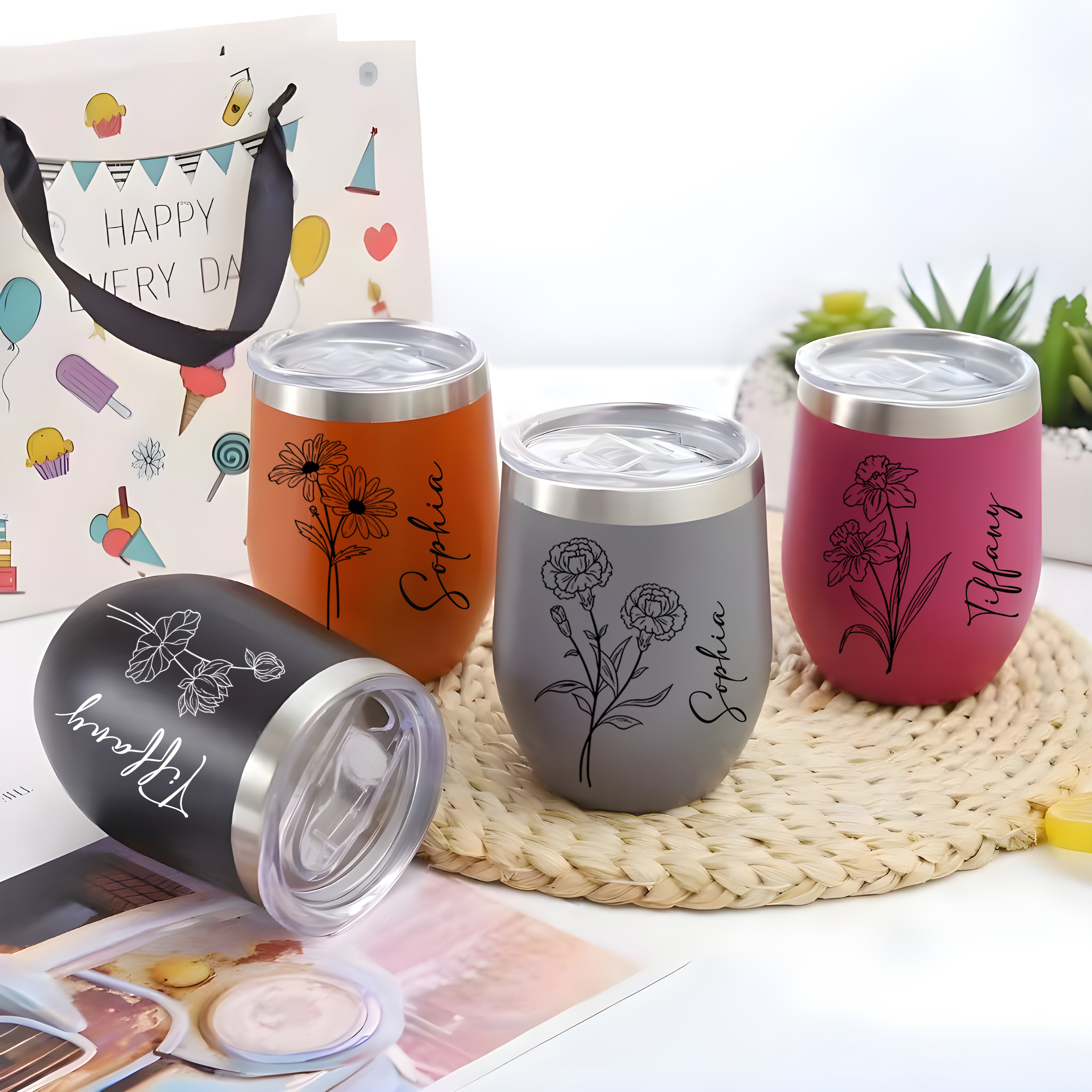 Personalized Birth Flower Edged Wine Tumbler, Custom Name, Monogrammed Stainless Steel Tumblers, Unique Gift for Her, Birth Month Flower Design