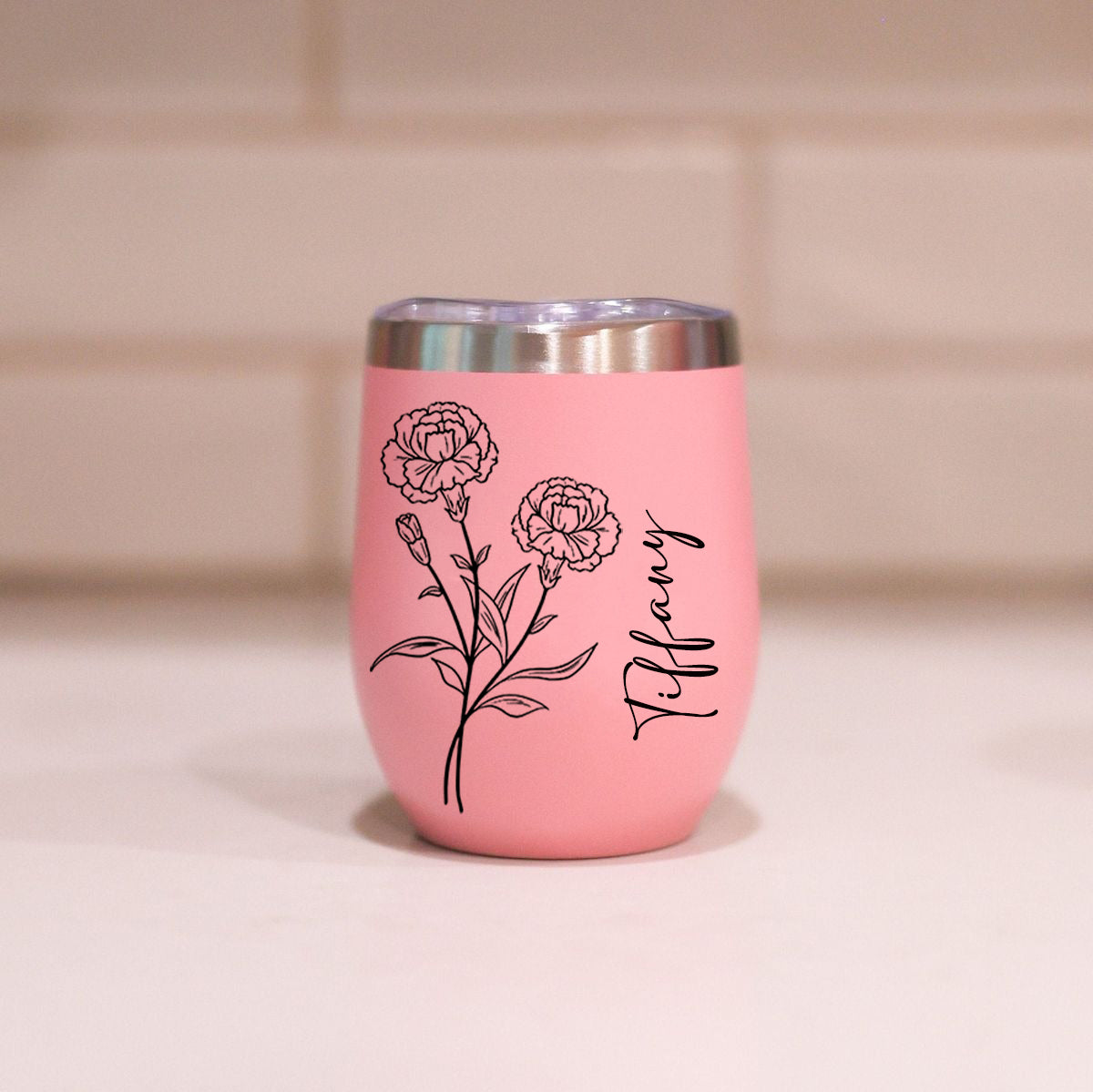Personalized Birth Flower Edged Wine Tumbler, Custom Name, Monogrammed Stainless Steel Tumblers, Unique Gift for Her, Birth Month Flower Design