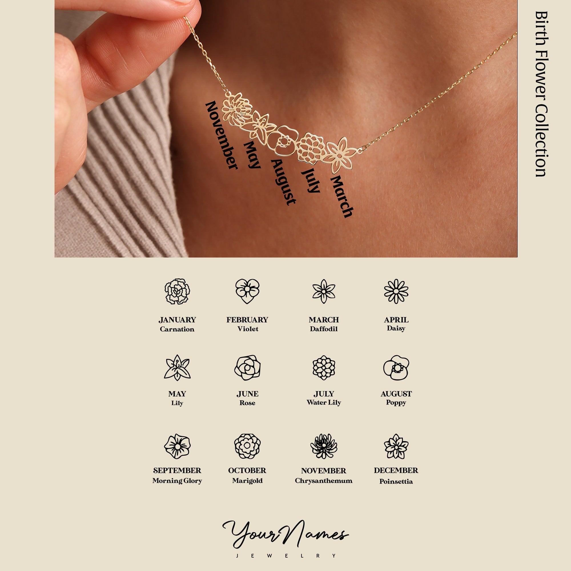 Dainty Birth flower Necklace , Birth Flower Bouquet Necklace, Personalized Gift, Birth flower Family Gift, Mothers day gifts