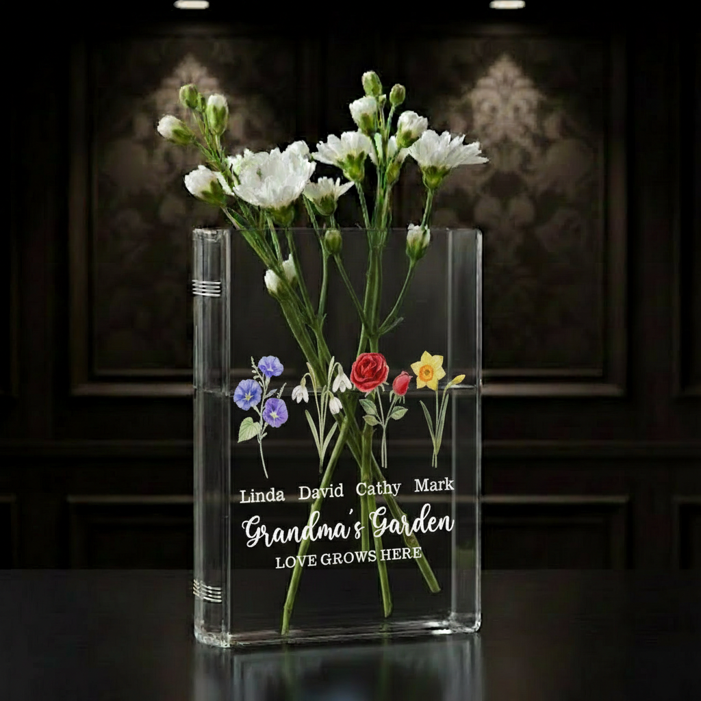 Grandma's Garden Birth Flower Book Vase – Personalized Mini Flower Vase with Family Birth Flowers, Perfect Mother's Day Gift for Mama or Nana from Grandkids