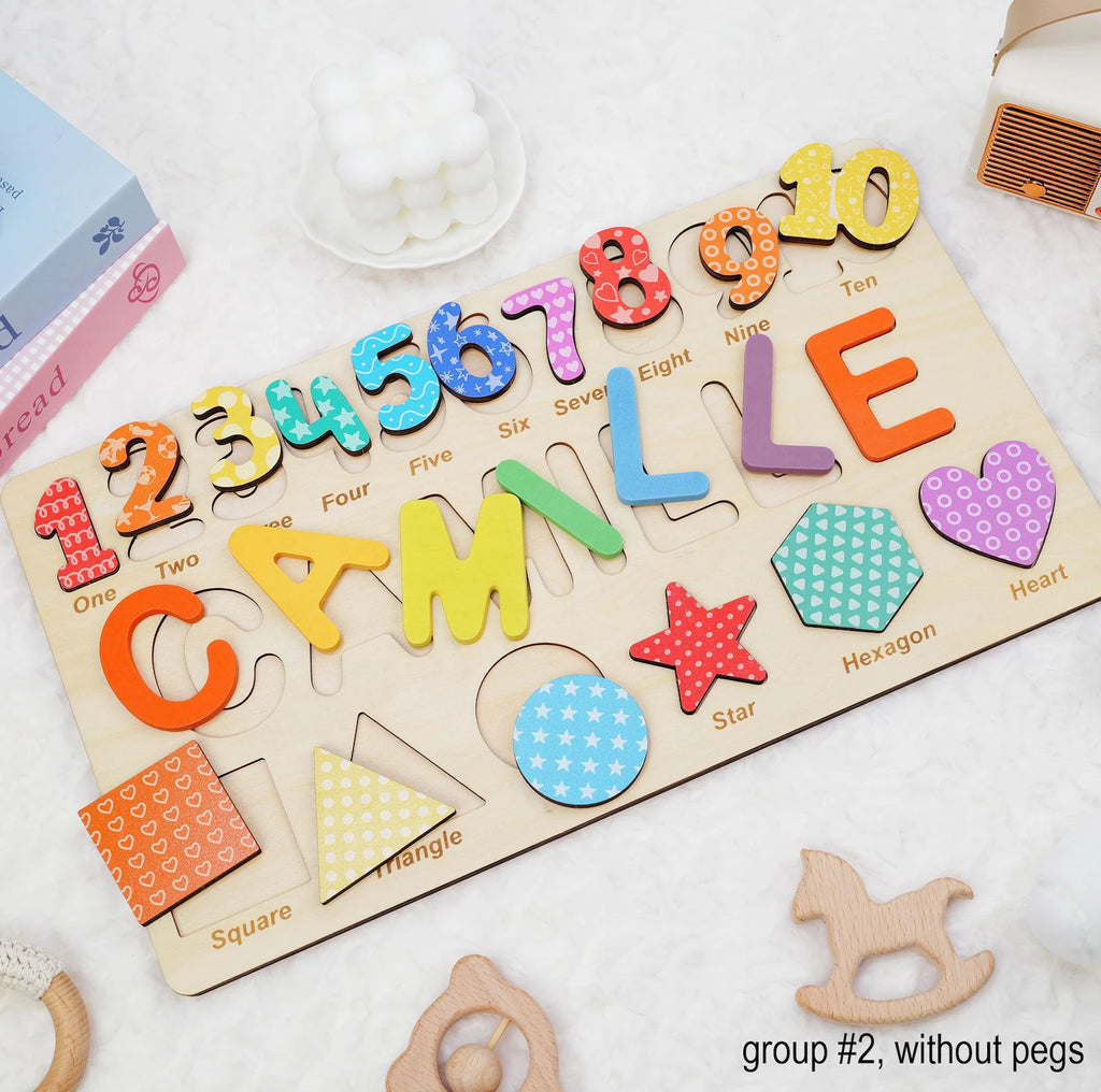 Personalized Wooden Name Puzzle Gift for Boys & Girls, Custom Baby Gifts Name Puzzle with Numbers, Geometry Shapes, Back Engraving. NPPETAL1