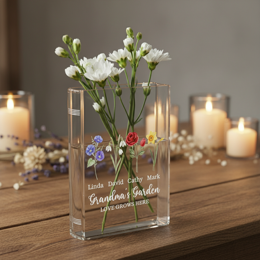Grandma's Garden Birth Flower Book Vase – Personalized Mini Flower Vase with Family Birth Flowers, Perfect Mother's Day Gift for Mama or Nana from Grandkids