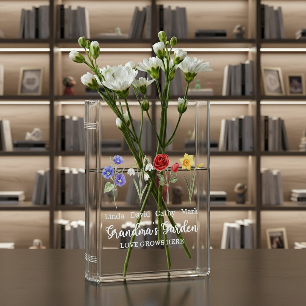 Grandma's Garden Birth Flower Book Vase – Personalized Mini Flower Vase with Family Birth Flowers, Perfect Mother's Day Gift for Mama or Nana from Grandkids