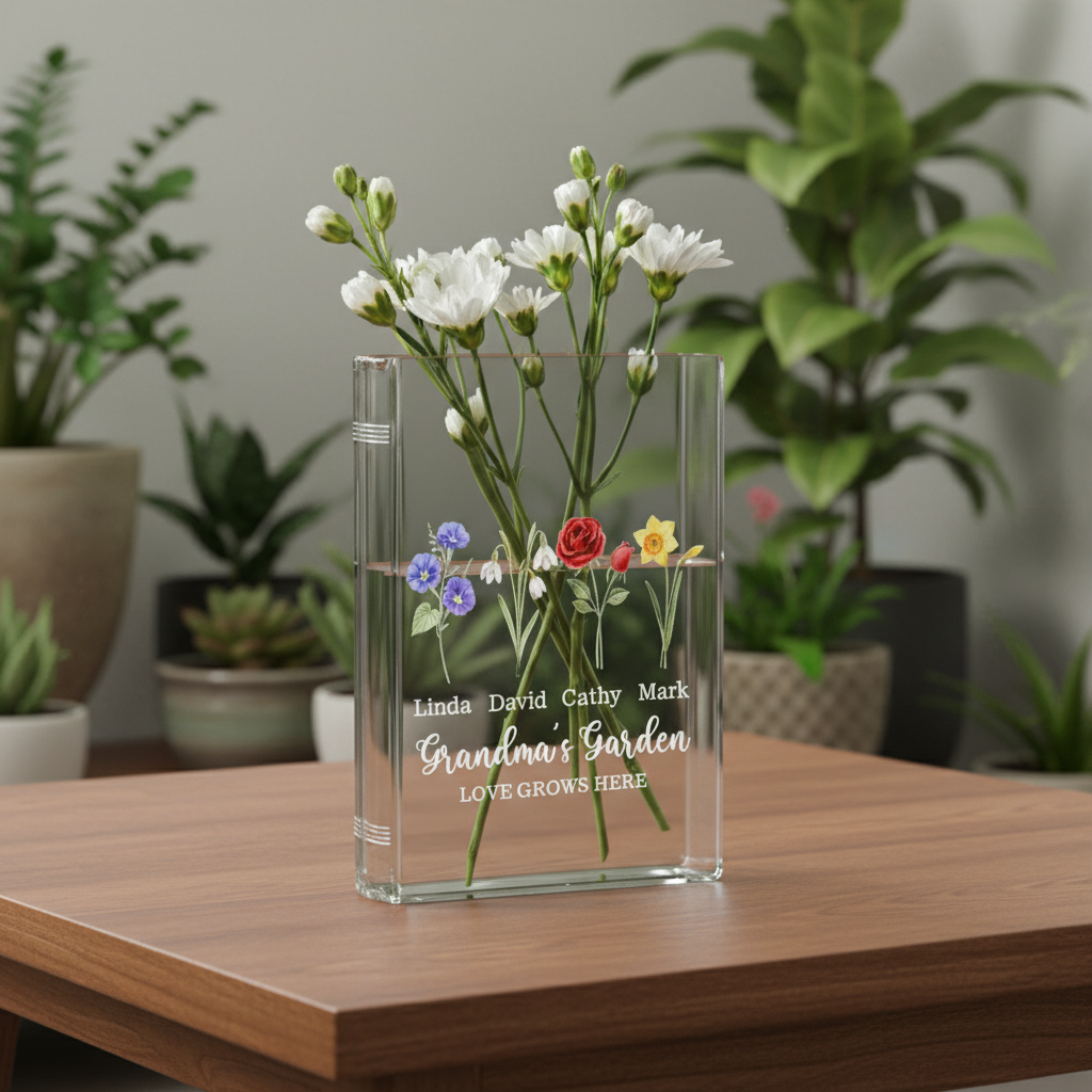 Grandma's Garden Birth Flower Book Vase – Personalized Mini Flower Vase with Family Birth Flowers, Perfect Mother's Day Gift for Mama or Nana from Grandkids