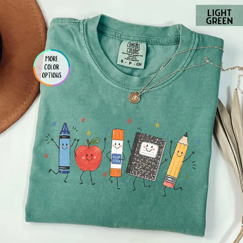 Comfort Colors® Funny Teacher Life Shirt, Back To School Gift, Preschool Teacher School Supplies T-shirt, Crayon Apple Pencil Notebook Shirt. SPETAL3