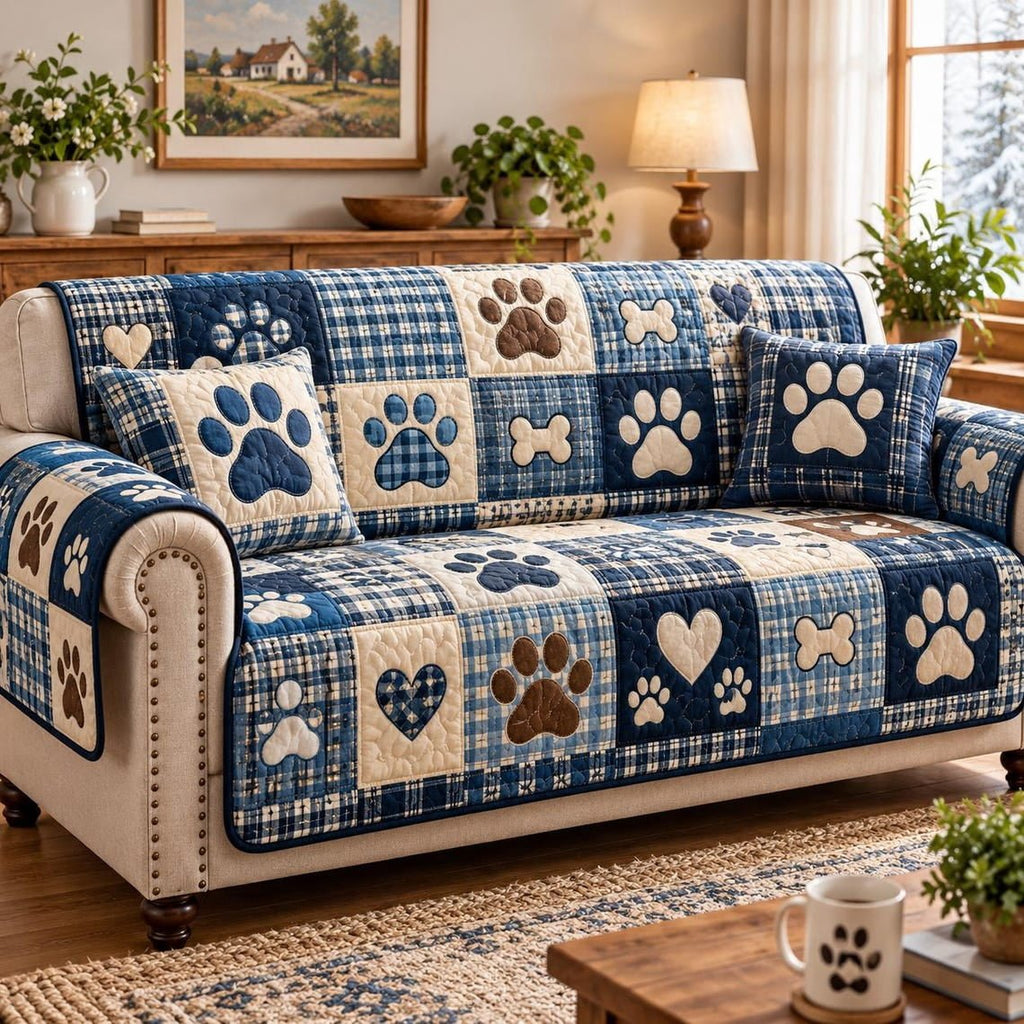 Personalized Pet Paw Flower Quilted Sofa Cover, Paw Sofa Cover, Patchwork Couch Throw, Sofa Protector, Holiday Sofa Decor QUILTSOFA09