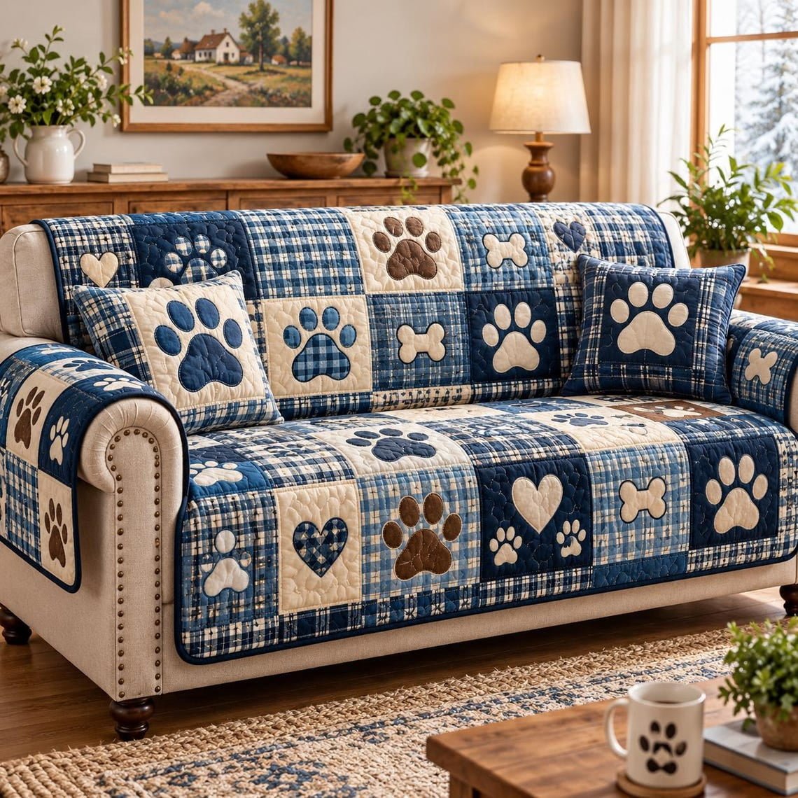Personalized Pet Paw Flower Quilted Sofa Cover, Paw Sofa Cover, Patchwork Couch Throw, Sofa Protector, Holiday Sofa Decor QUILTSOFA09