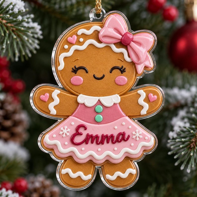 Personalized Gingerbread Girl Ornament Flat 2D Acrylic Christmas Tree Decor Cute Custom Name Holiday Keepsake Gift for Kids Girls ACRYLICOR11