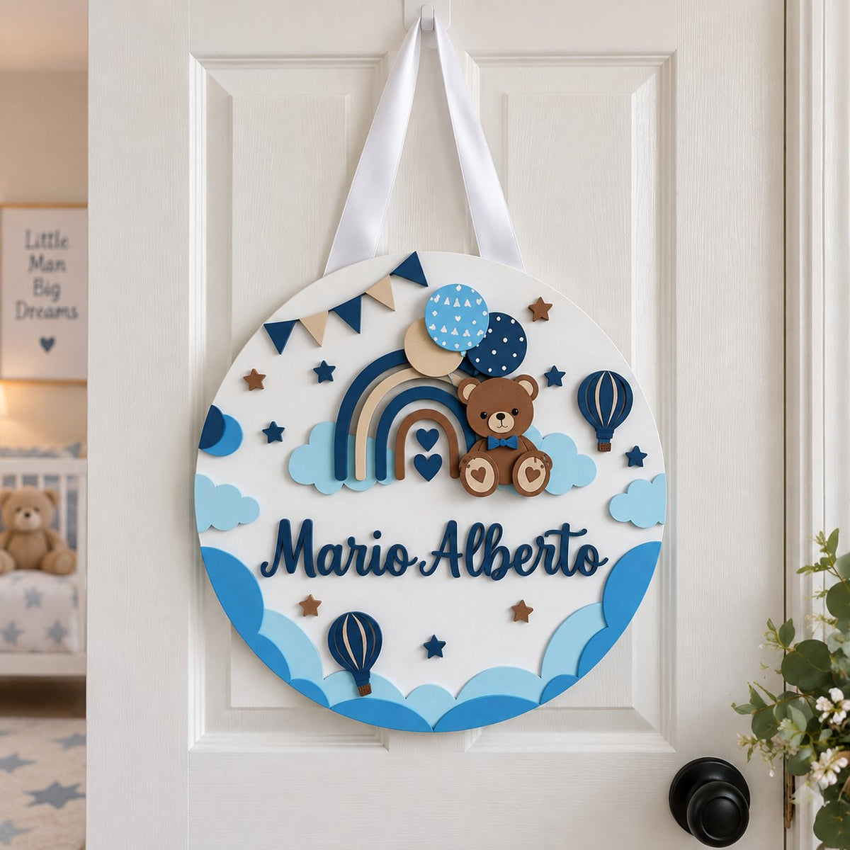 Personalized Teddy Bear Rainbow Wooden Sign, Custom Boy Name Door Hanger, Blue Nursery Decor, Baby Room Wall Sign WOODKID06
