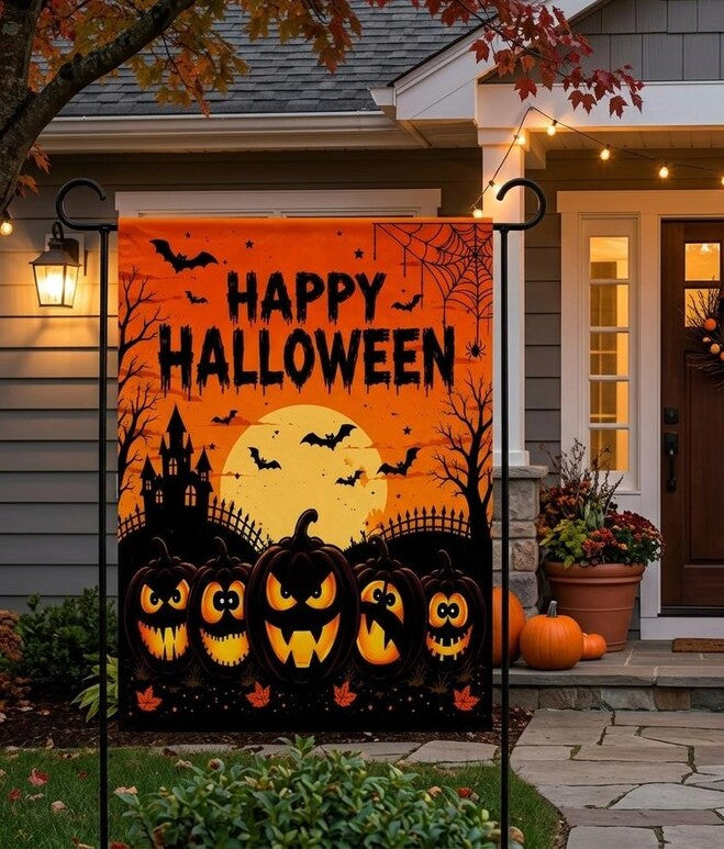 Happy Halloween Garden Flag, Spooky Pumpkin Yard Flag, Jack O Lantern Fall Porch Decor, Haunted House Outdoor Flag, Halloween Party Gift. HLWGFPETAL13
